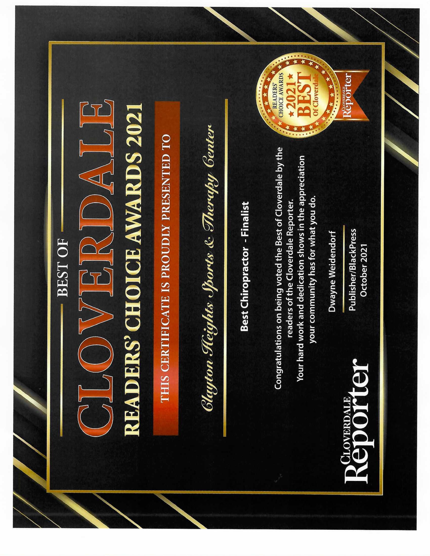 Cloverdale reader's choice awards 2021 best chiropractor finalist