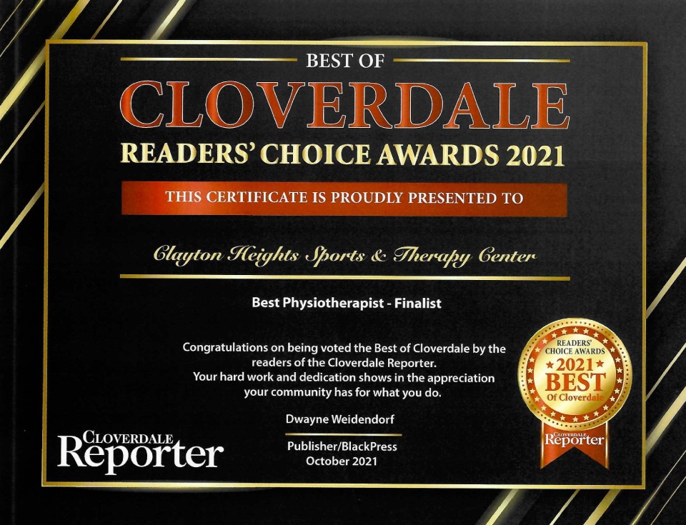 Cloverdale Reader's choice 2021 Best Physiotherapist Finalist
